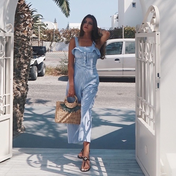 Zara blue white striped jumpsuit with ruffles size XS - Picture 1 of 16